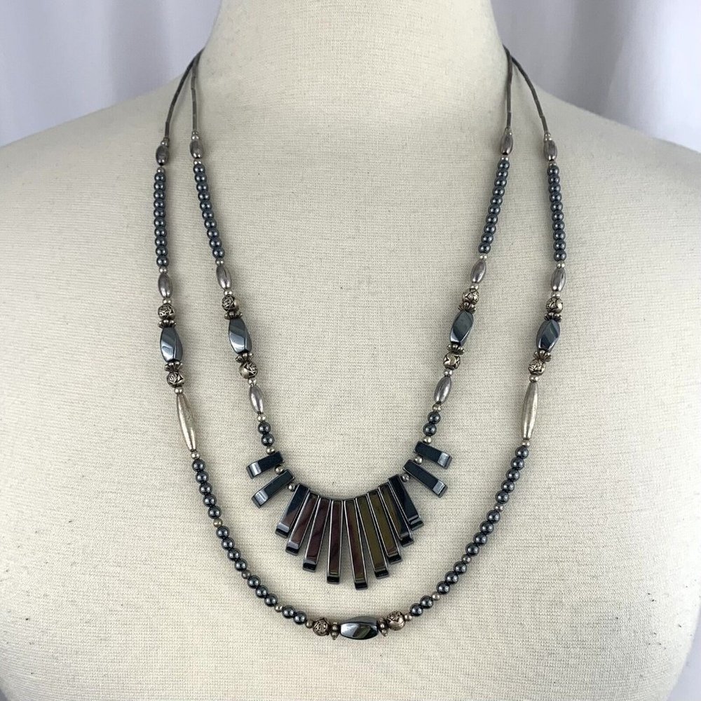 Layered Hematite Silver Tone Rose Bead Necklace Southwest Style Vintage Rosette